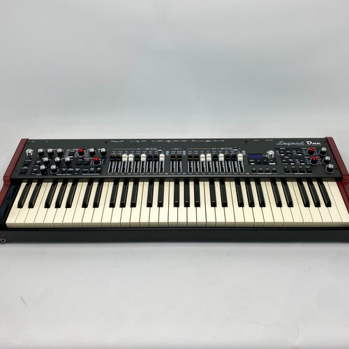 A used Viscount Legend One 61 Stage Keyboard in off white background, front view