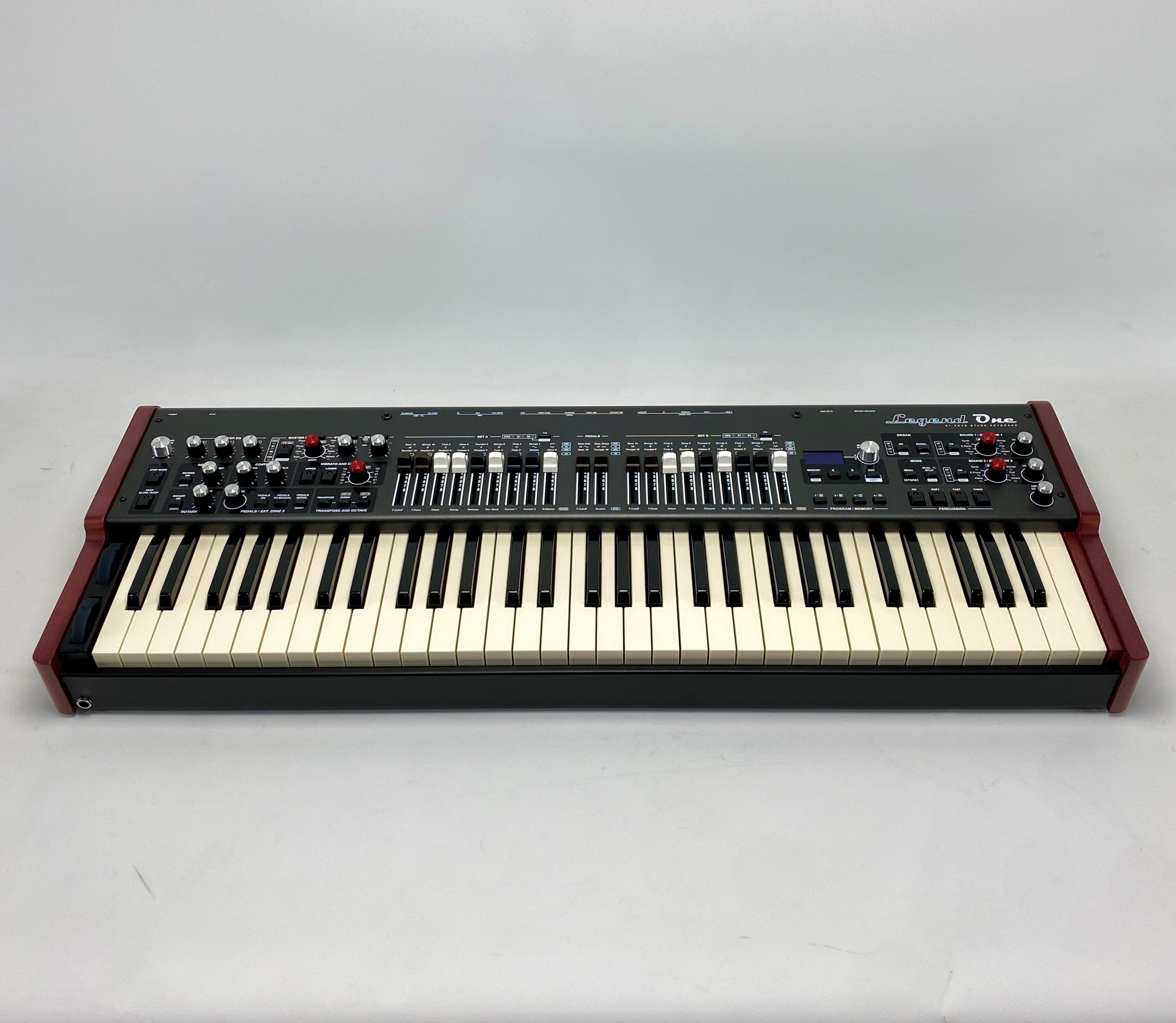 A used Viscount Legend One 61 Stage Keyboard in off white background, front view