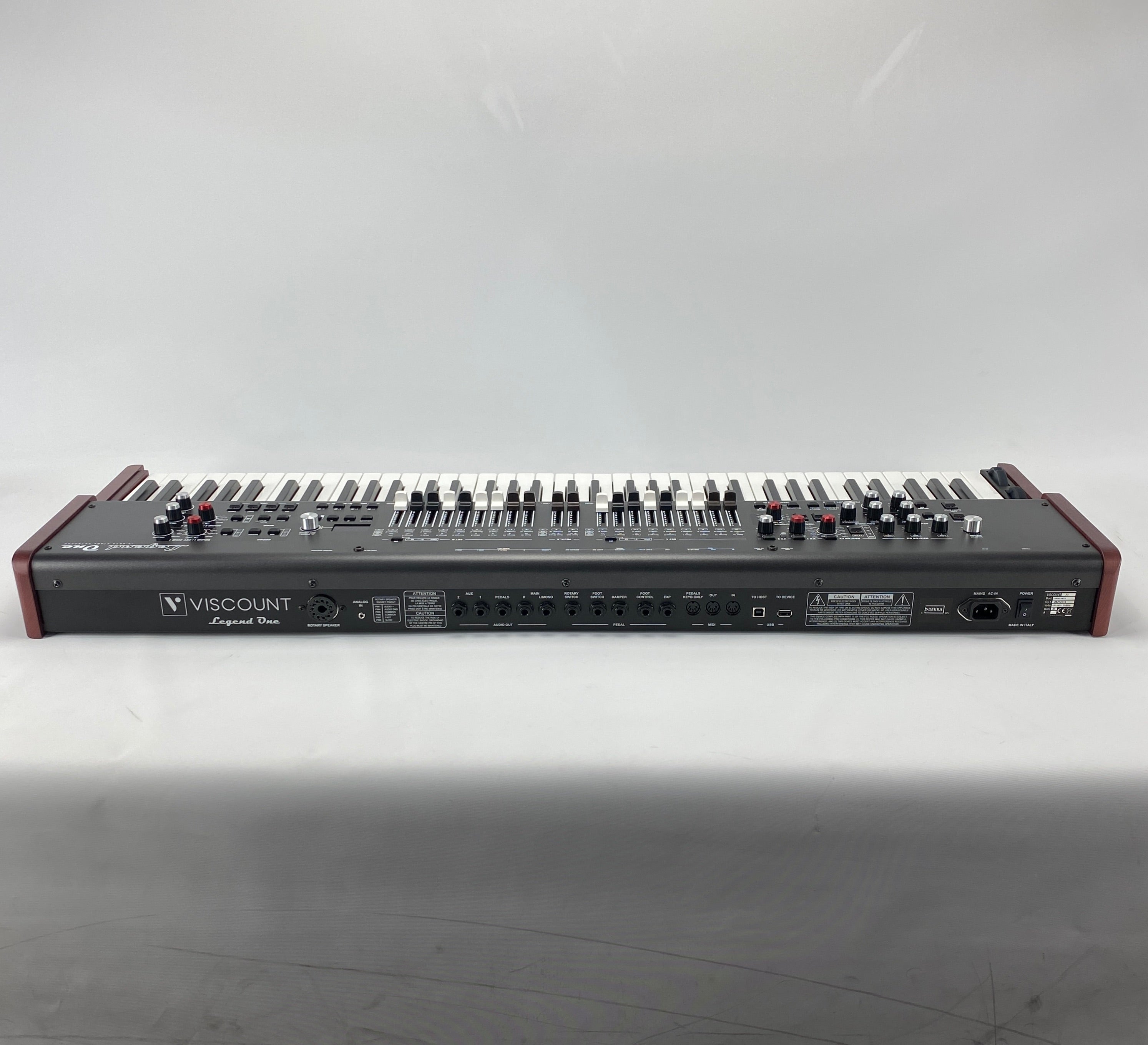 Rear panel of the Viscount Legend One 73 showing the Viscount logo and connection ports including audio outs, pedal jacks, MIDI, USB, and mains power inlet, on a white background.