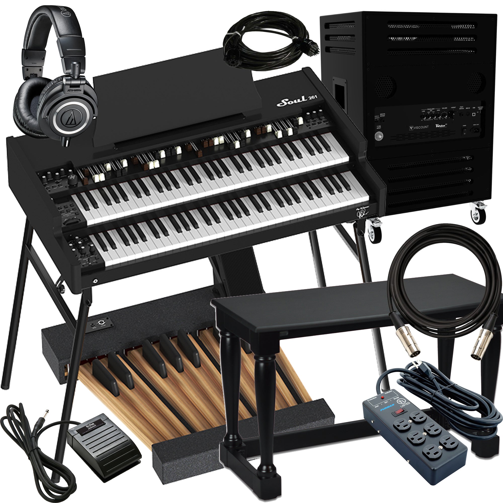 Collage image of the Viscount Legend SOUL 261 Digital Tonewheel Organ - Black ULTRA BUNDLE