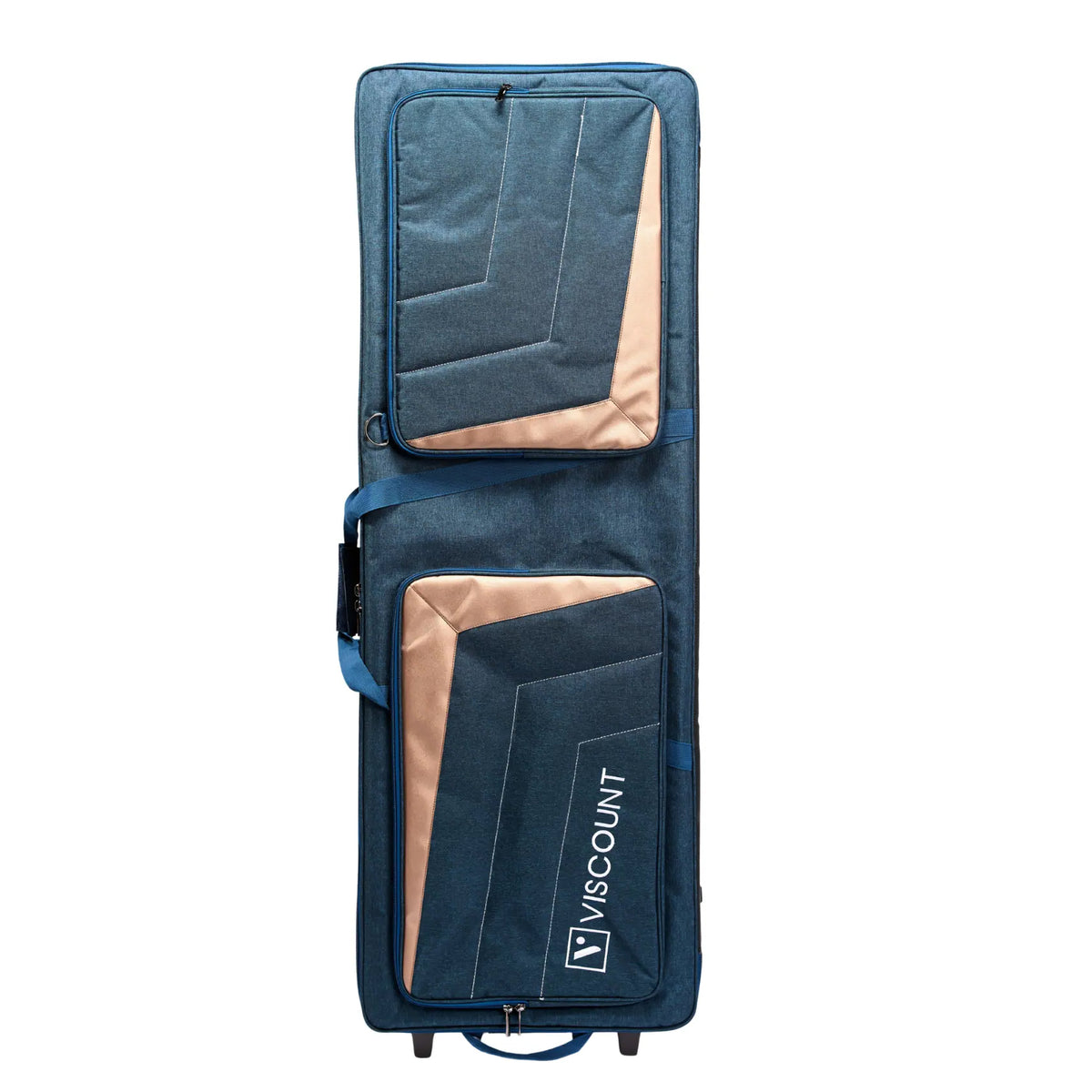 A tall, narrow blue instrument gig bag with two zippered pockets and a visible VISCOUNT logo on the lower pocket, shown on a plain white background.