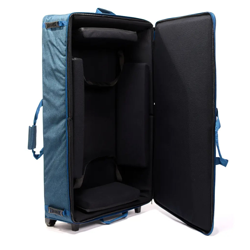 A blue travel case with its front door open, showing a black padded interior with built-in compartments.