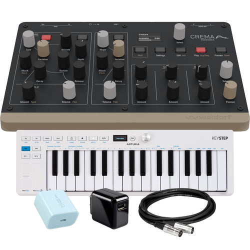 Collage showing components in Waldorf Crema Desktop Duo-Timbral String & Ensemble Synthesizer CONTROLLER RIG