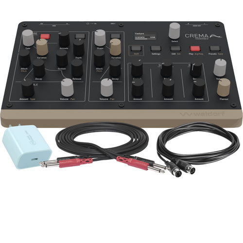 Collage showing components in Waldorf Crema Desktop Duo-Timbral String & Ensemble Synthesizer POWER & CABLE KIT