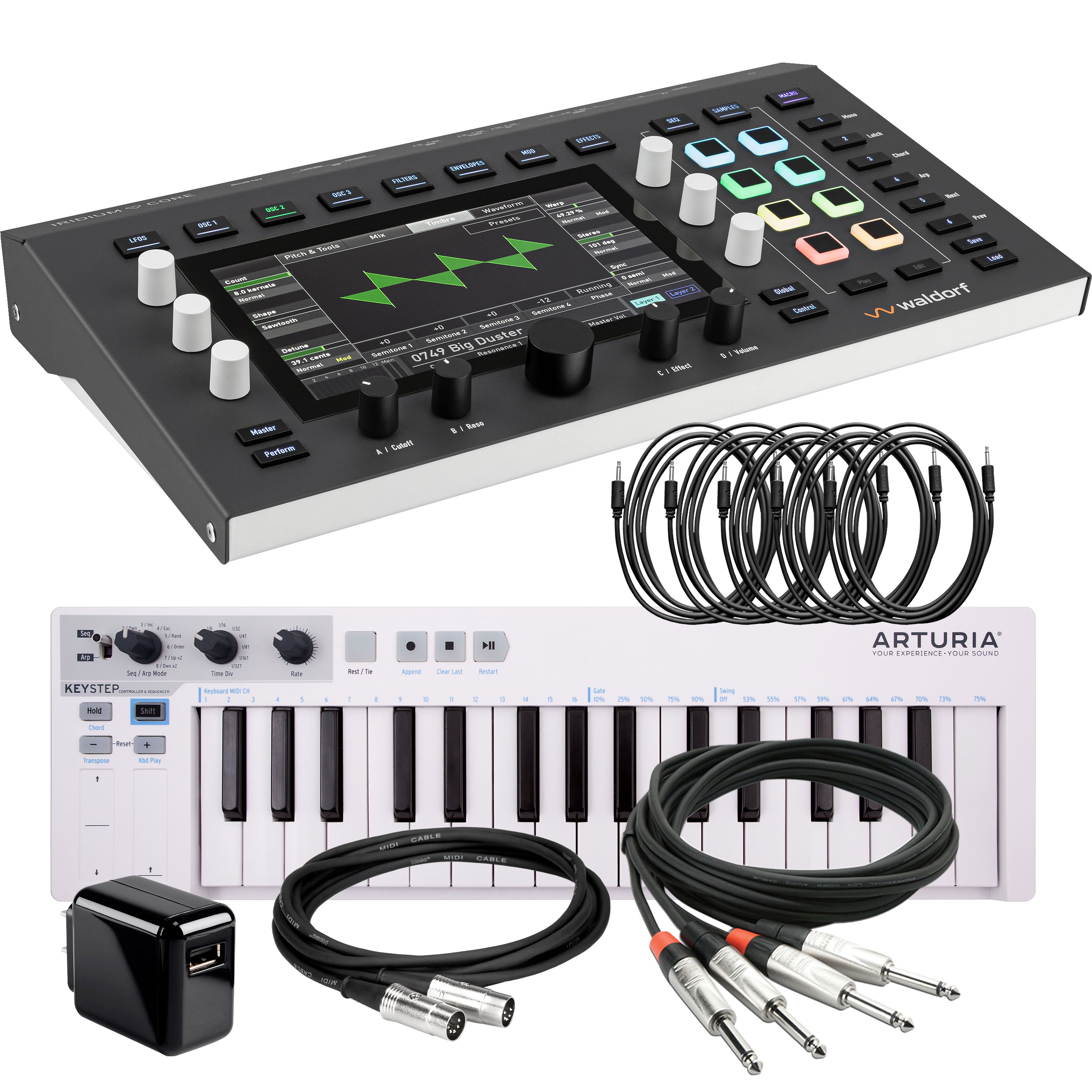 Collage showing components in Waldorf Iridium Core Digital Polyphonic Desktop Synthesizer CONTROLLER RIG