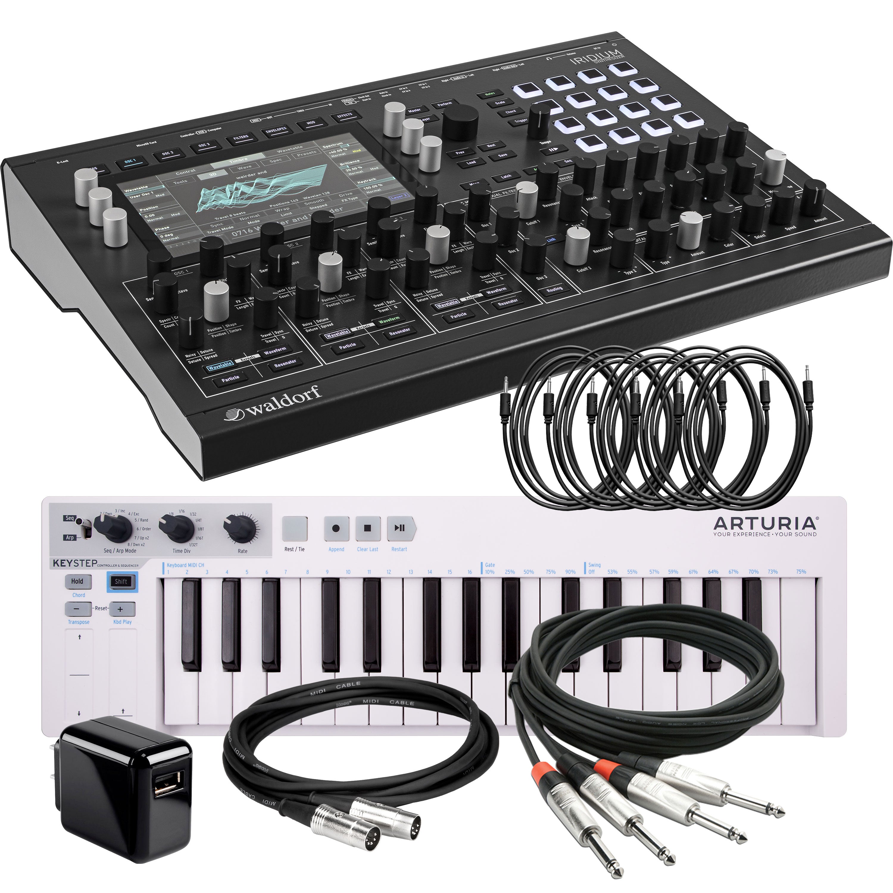 Collage showing components in Waldorf Iridium Digital Polyphonic Desktop Synthesizer CONTROLLER RIG