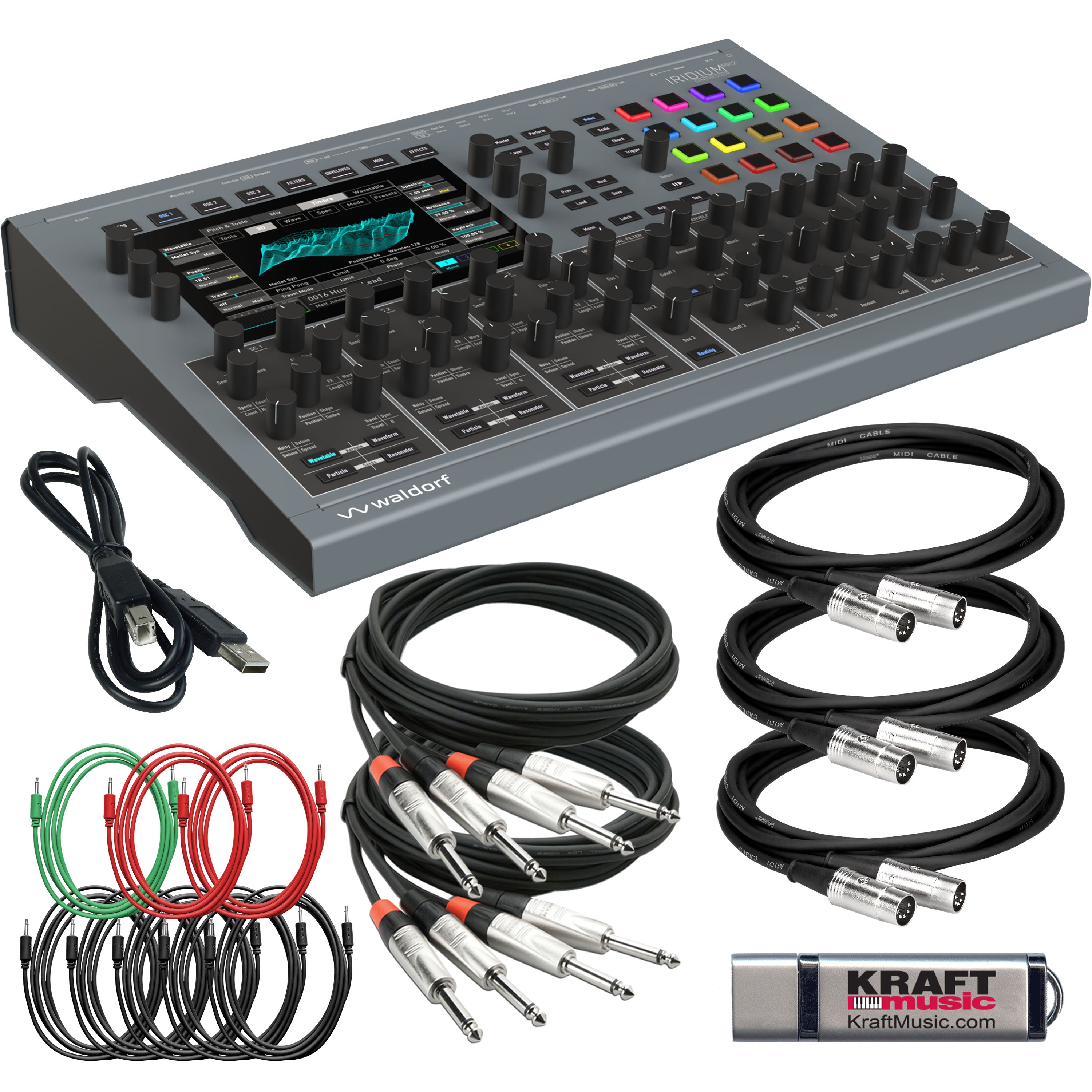 Collage showing components in Waldorf Iridium MK2 Digital Polyphonic Desktop Synthesizer CABLE KIT