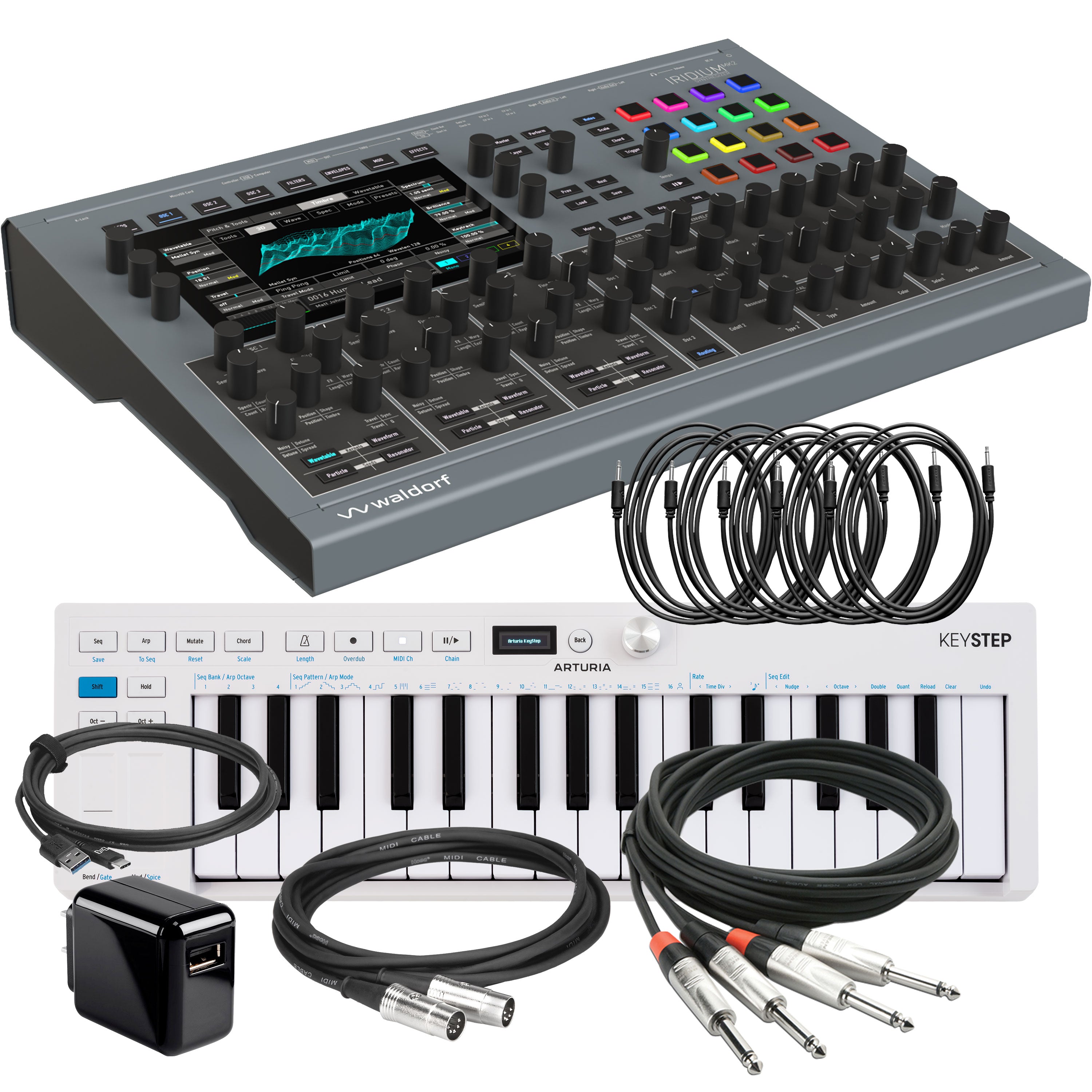 Collage showing components in Waldorf Iridium MK2 Digital Polyphonic Desktop Synthesizer CONTROLLER RIG