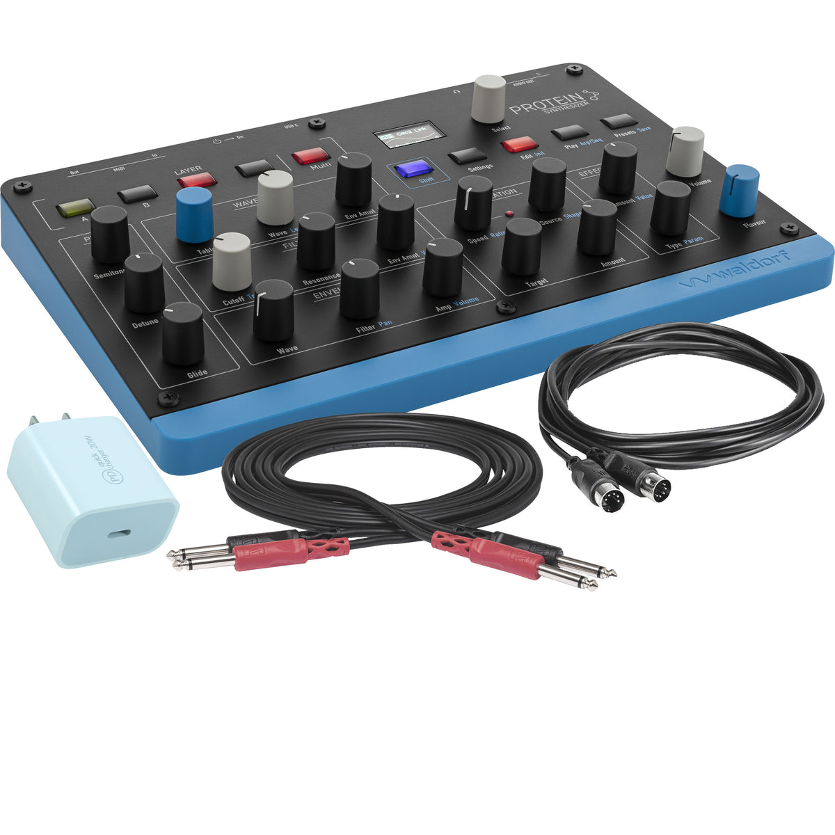Collage showing components in Waldorf Protein 8-Voice Desktop Wavetable Synthesizer POWER & CABLE KIT