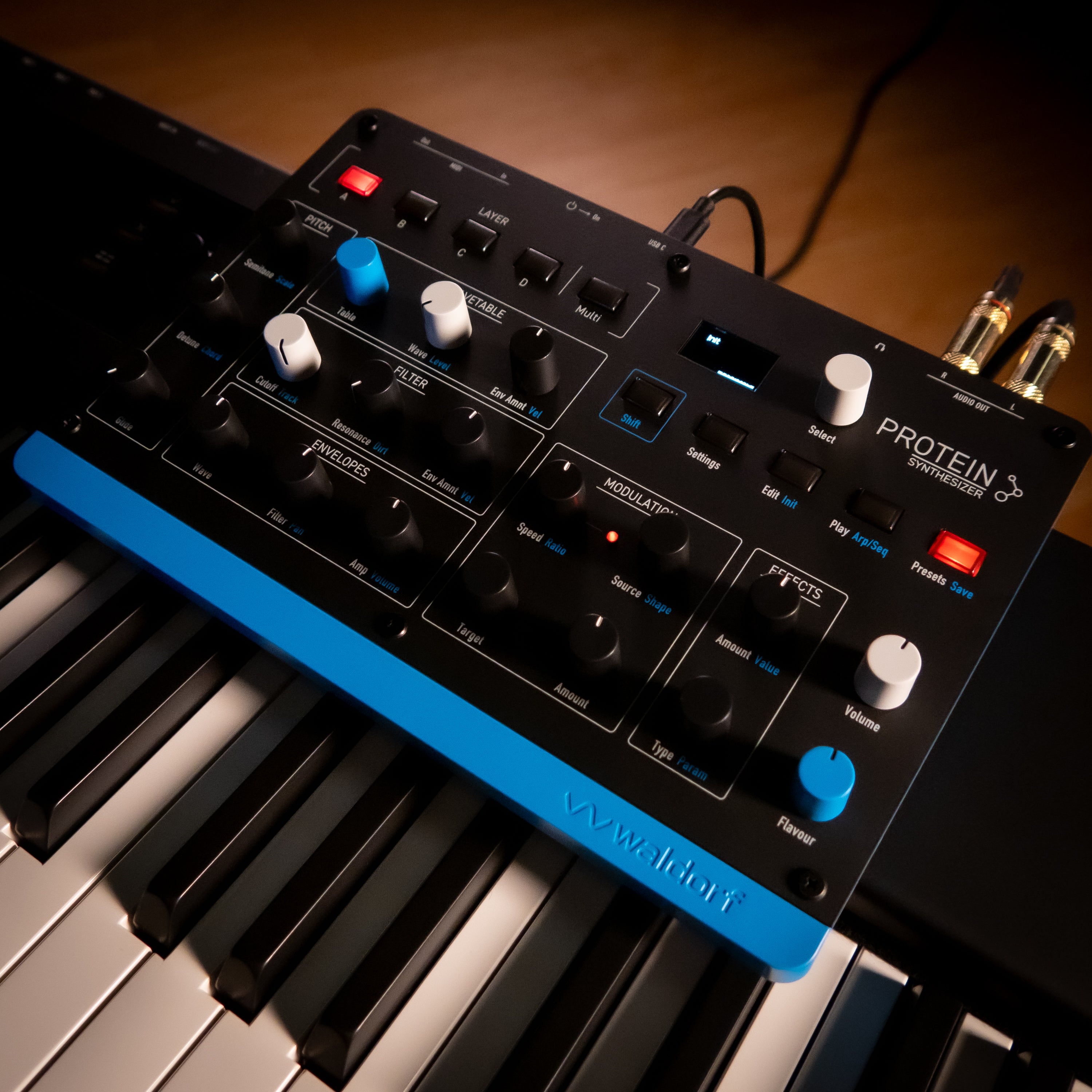 Left angle view of a Waldorf Protein 8-Voice Desktop Wavetable Synthesizer