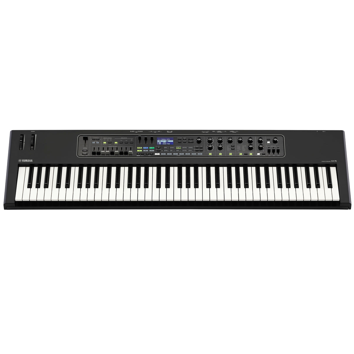 Yamaha CK76 76-key stage keyboard, straight-on top view of the full front panel and keys