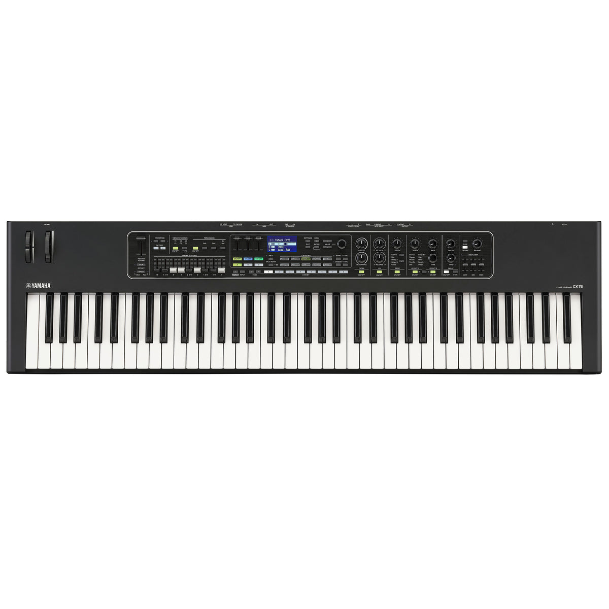 Yamaha CK76 76-key stage keyboard, top view showing the full keyboard, organ drawbars, display and effects controls