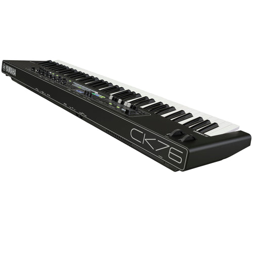 Yamaha CK76 stage keyboard from a rear angle showing the back panel connections and the CK76 logo on the end
