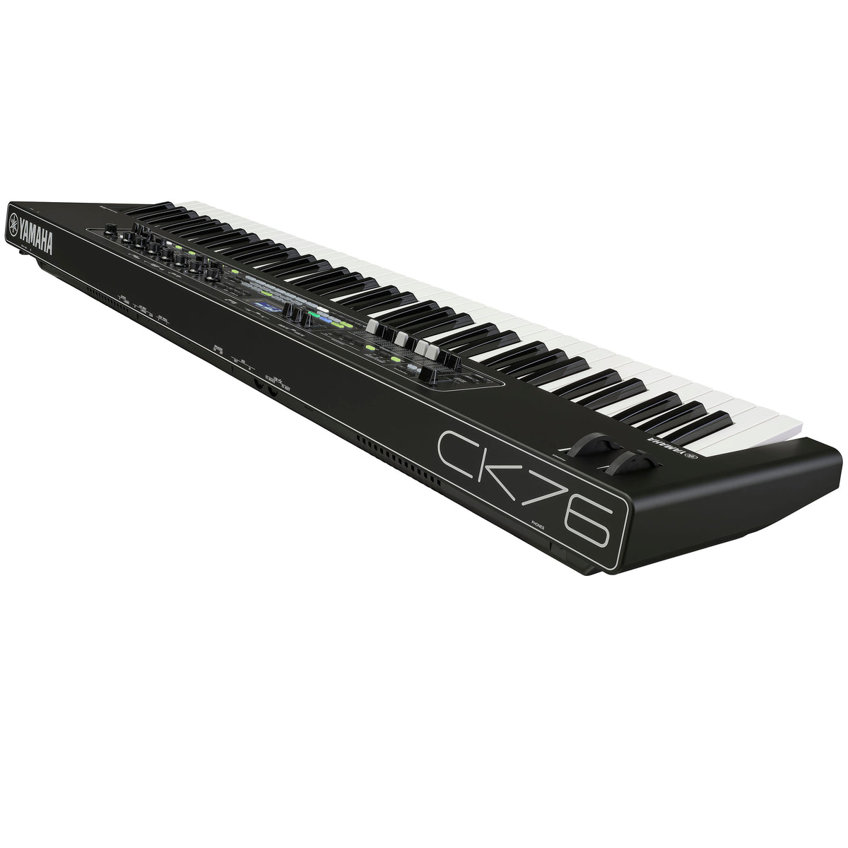 Yamaha CK76 stage keyboard from a rear angle showing the back panel connections and the CK76 logo on the end