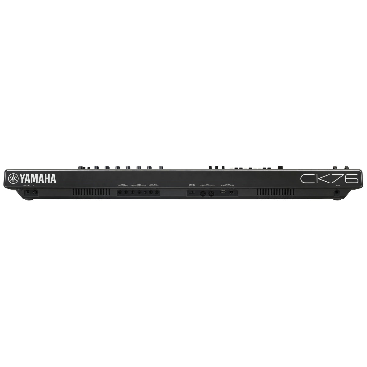 Yamaha CK76 stage keyboard rear panel with power input, outputs, A/D inputs, foot pedal jacks, MIDI and USB ports