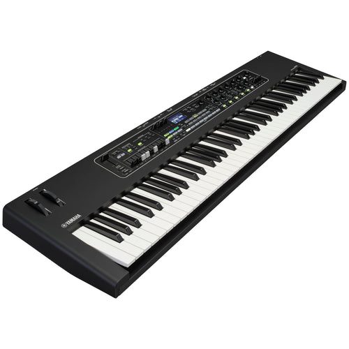 Yamaha CK76 stage keyboard from a low front-left angle showing the pitch and mod wheels and the front panel