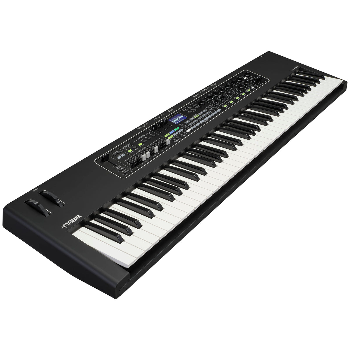 Yamaha CK76 stage keyboard from a low front-left angle showing the pitch and mod wheels and the front panel