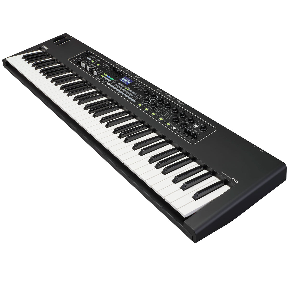 Yamaha CK76 stage keyboard from a right-side angle showing the synth knobs, effects controls and EQ sliders