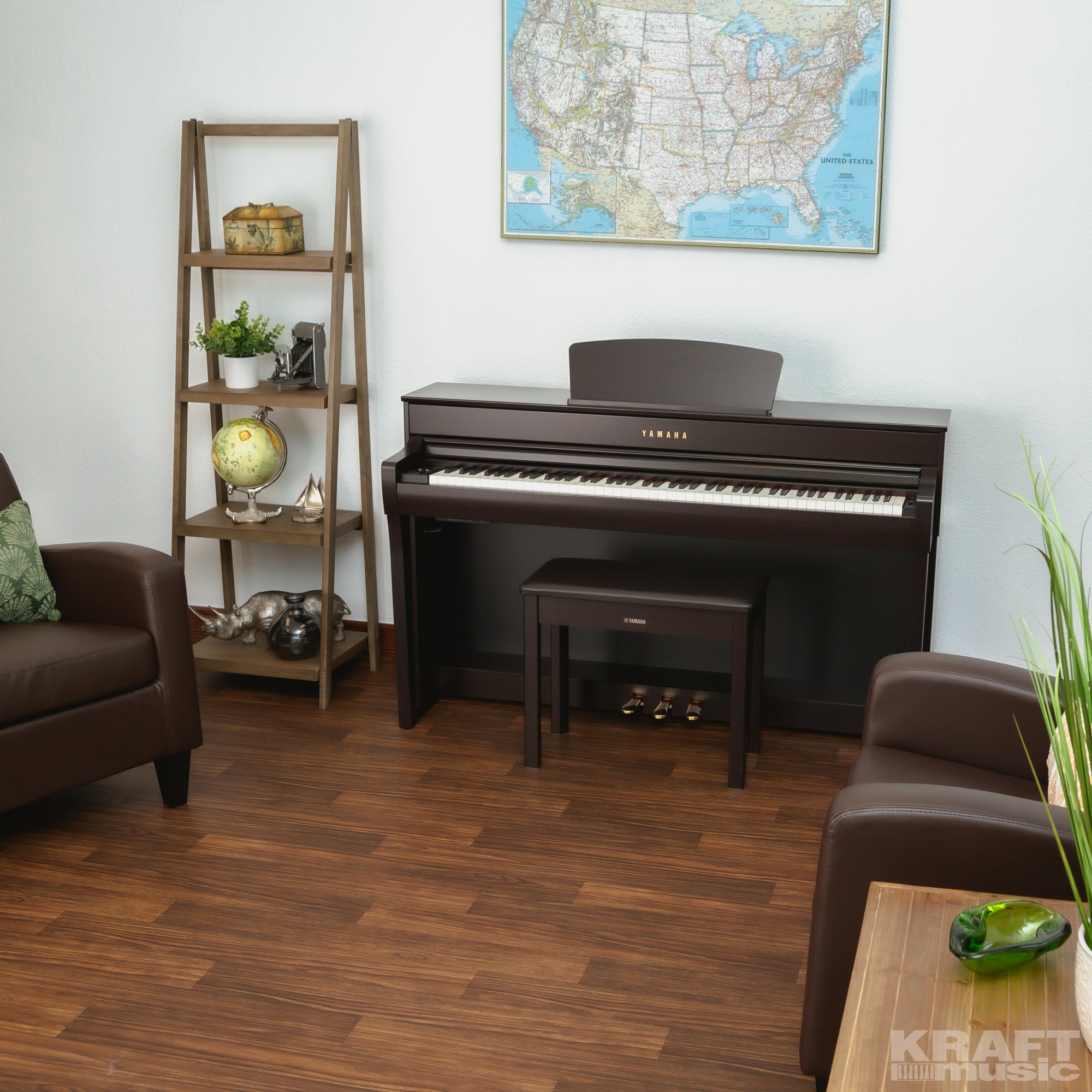 Yamaha Clavinova CLP-735 Digital Piano - Rosewood - left facing in a stylish room