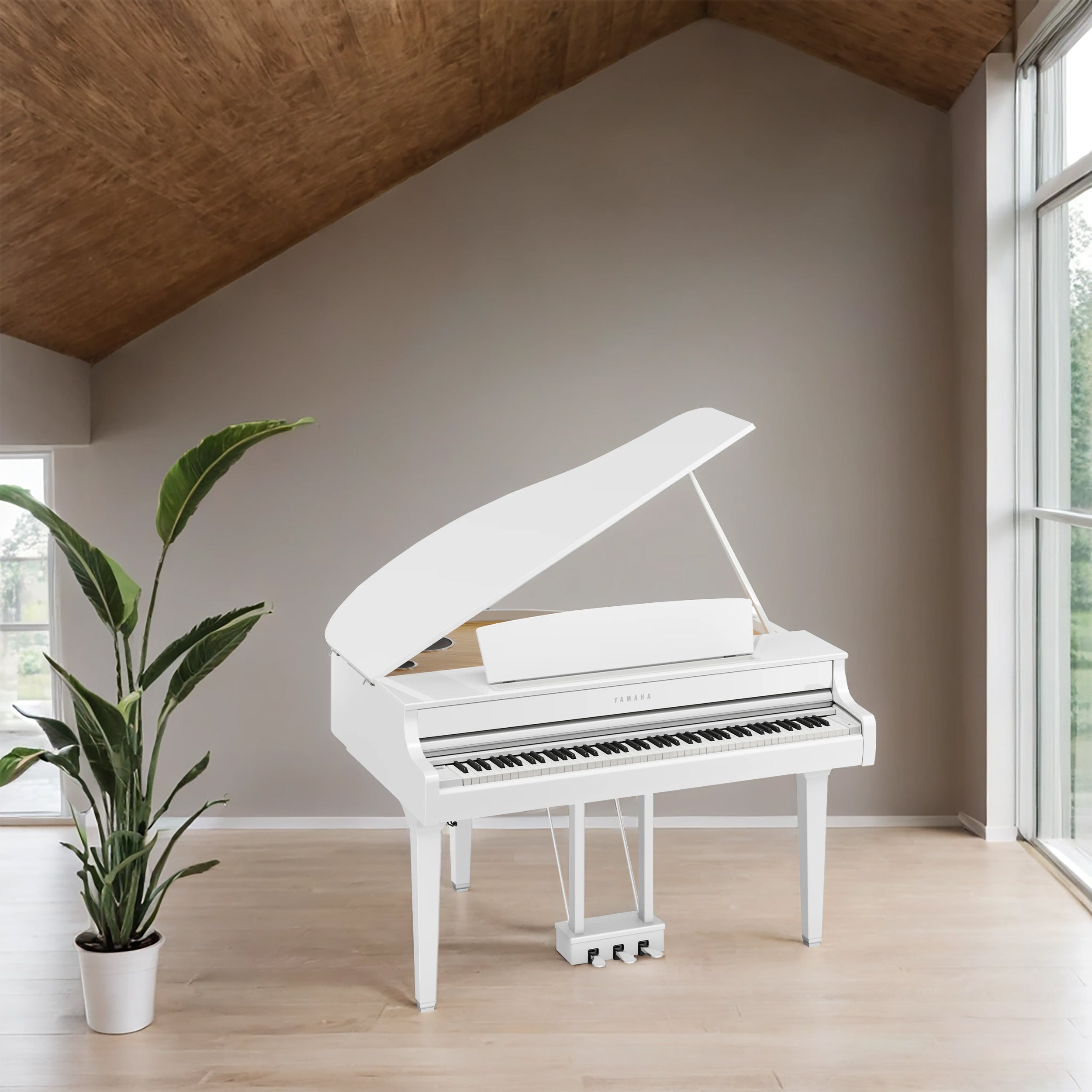 Yamaha Clavinova CLP-895GP Digital Grand Piano - Polished White in a stylish room