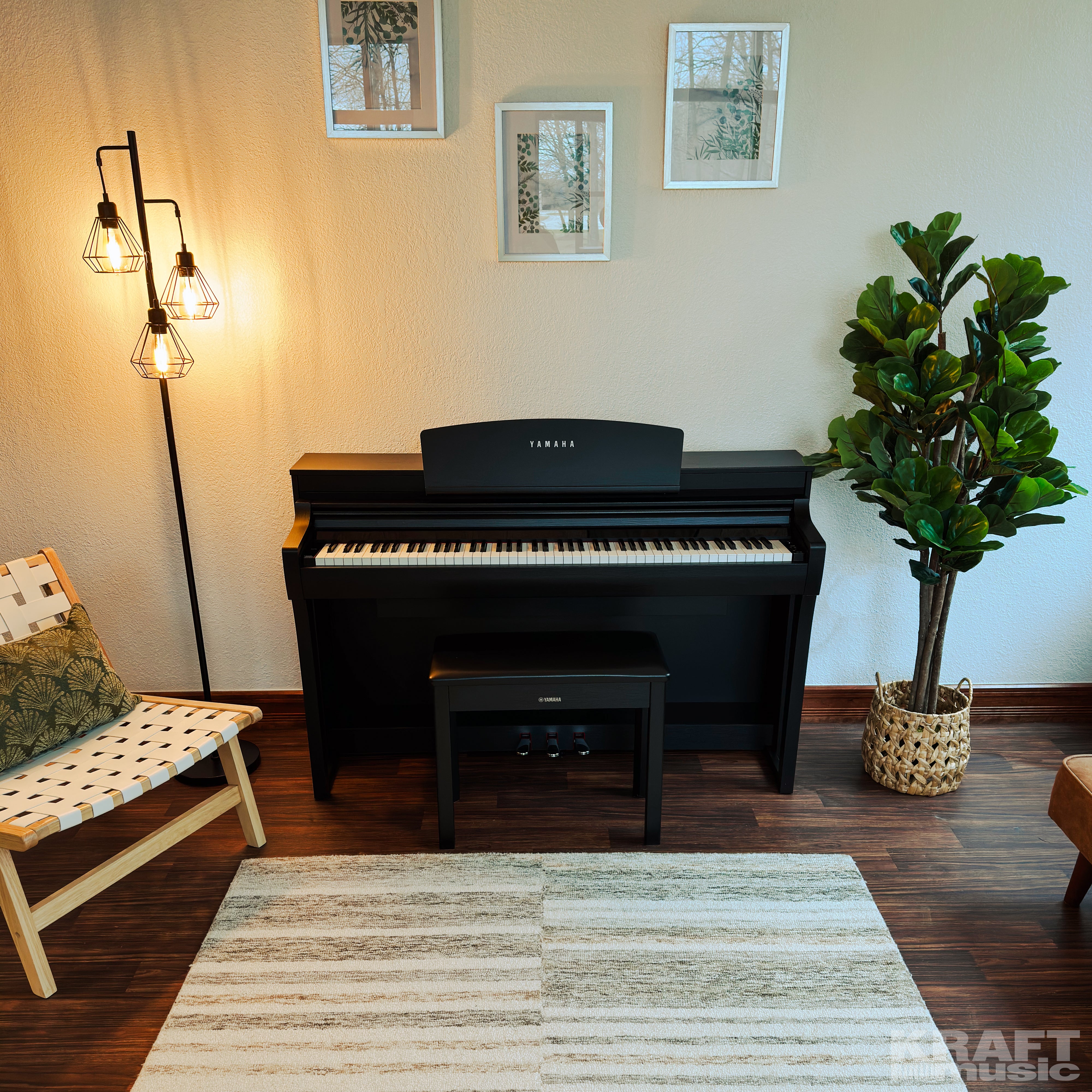 Yamaha Clavinova CSP-275 Digital Piano - Black Walnut - in a stylish living room front view