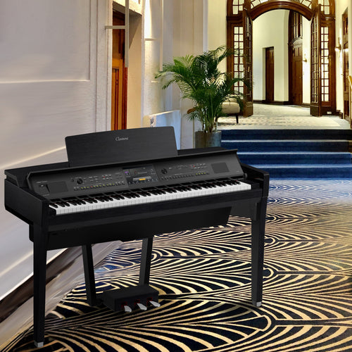 Yamaha Clavinova CVP-809 Digital Piano - Matte Black - in a historic hotel lobby