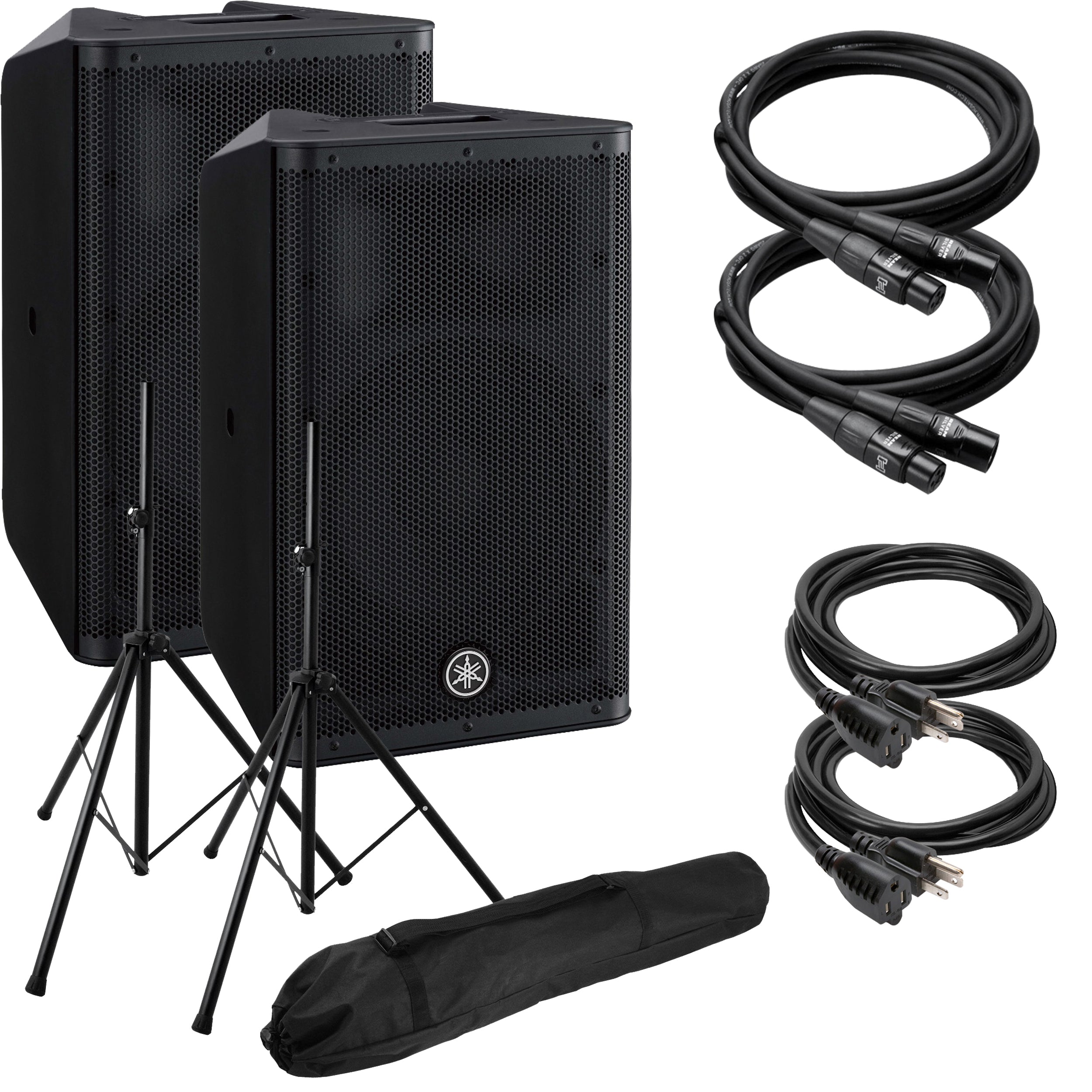 Collage image of the Yamaha DXR10 MKII Powered PA Speaker AUDIO ESSENTIALS BUNDLE