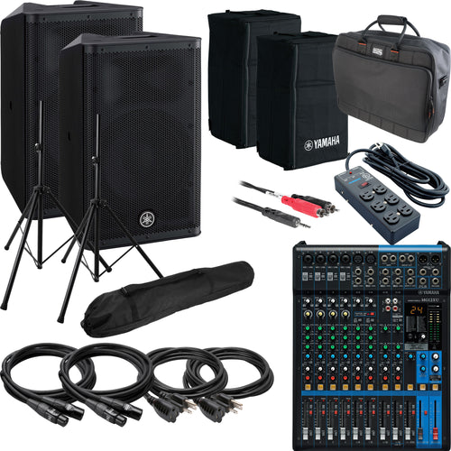 Collage image of the Yamaha DXR10 MKII Powered PA Speaker COMPLETE AUDIO BUNDLE