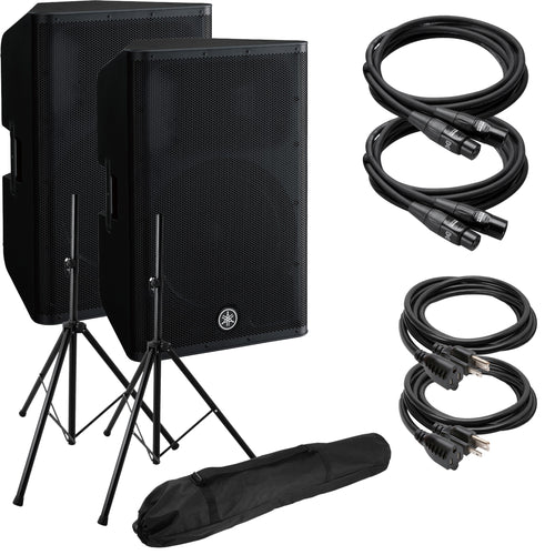 Collage image of the Yamaha DXR15 MKII Powered PA Speaker AUDIO ESSENTIALS BUNDLE
