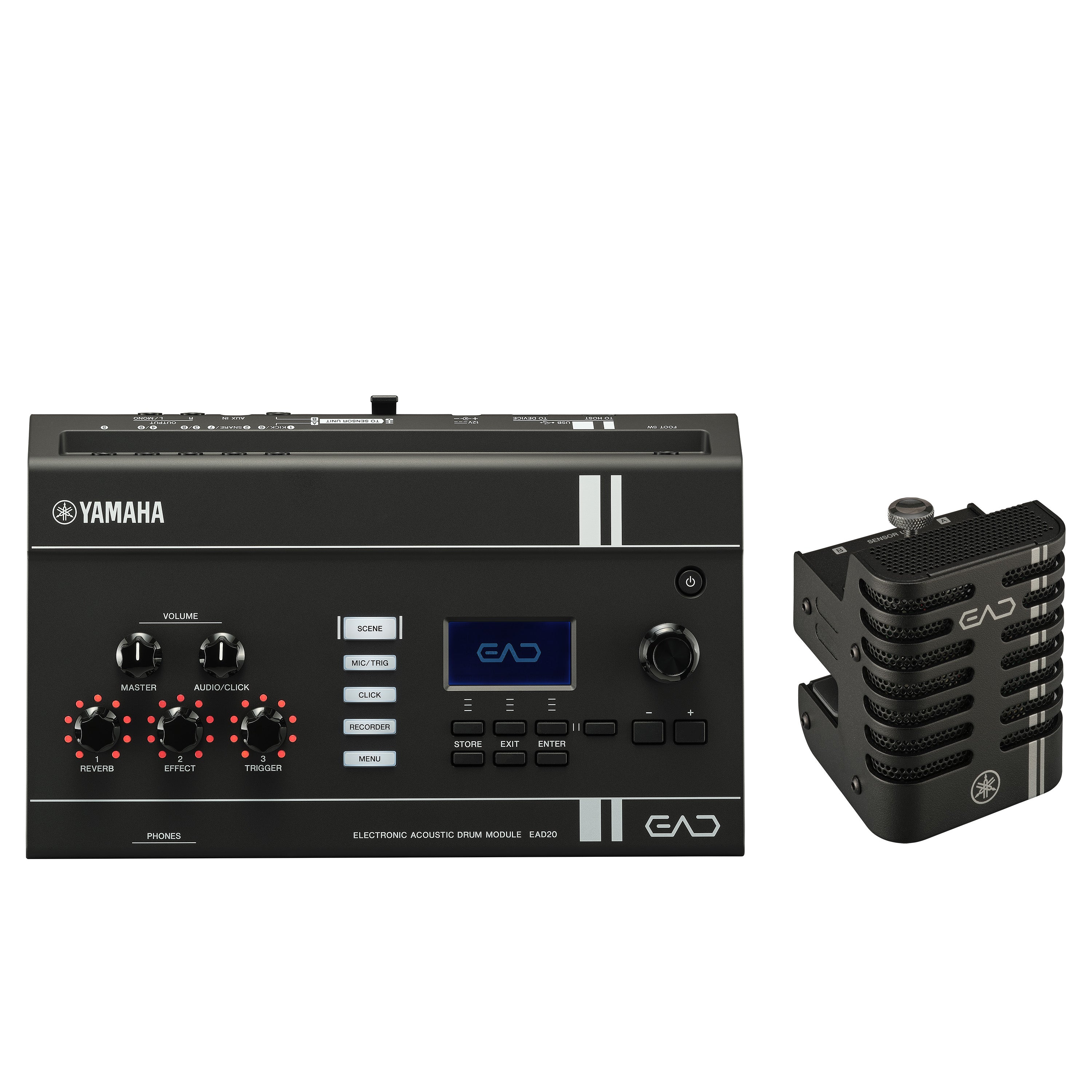 Yamaha EAD20 Electronic Acoustic Drum Module shown in top down perspective alongside sensor unit