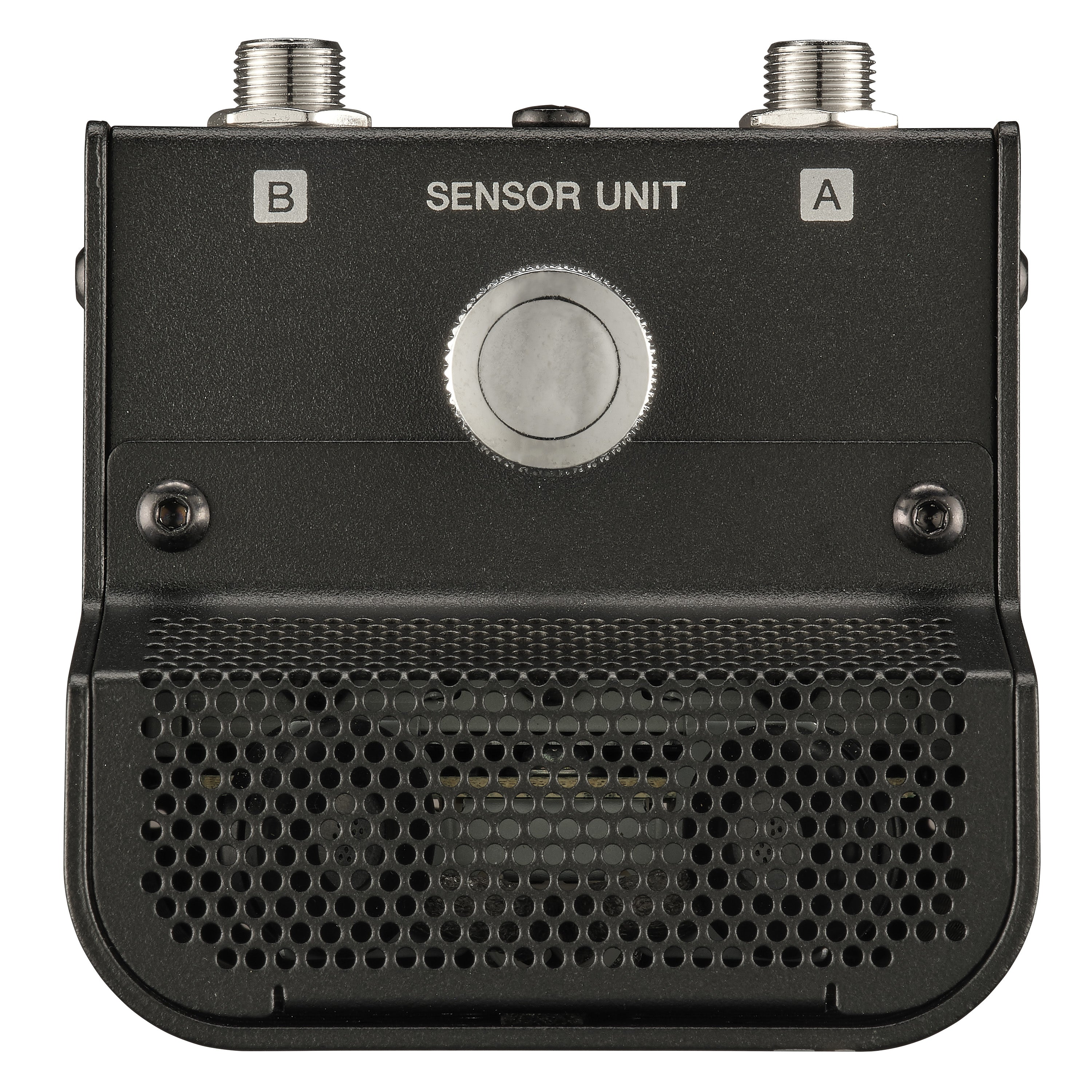 Black metal sensor unit with two threaded connectors labeled A and B, a central round silver button, and a perforated lower grille on a white background.
