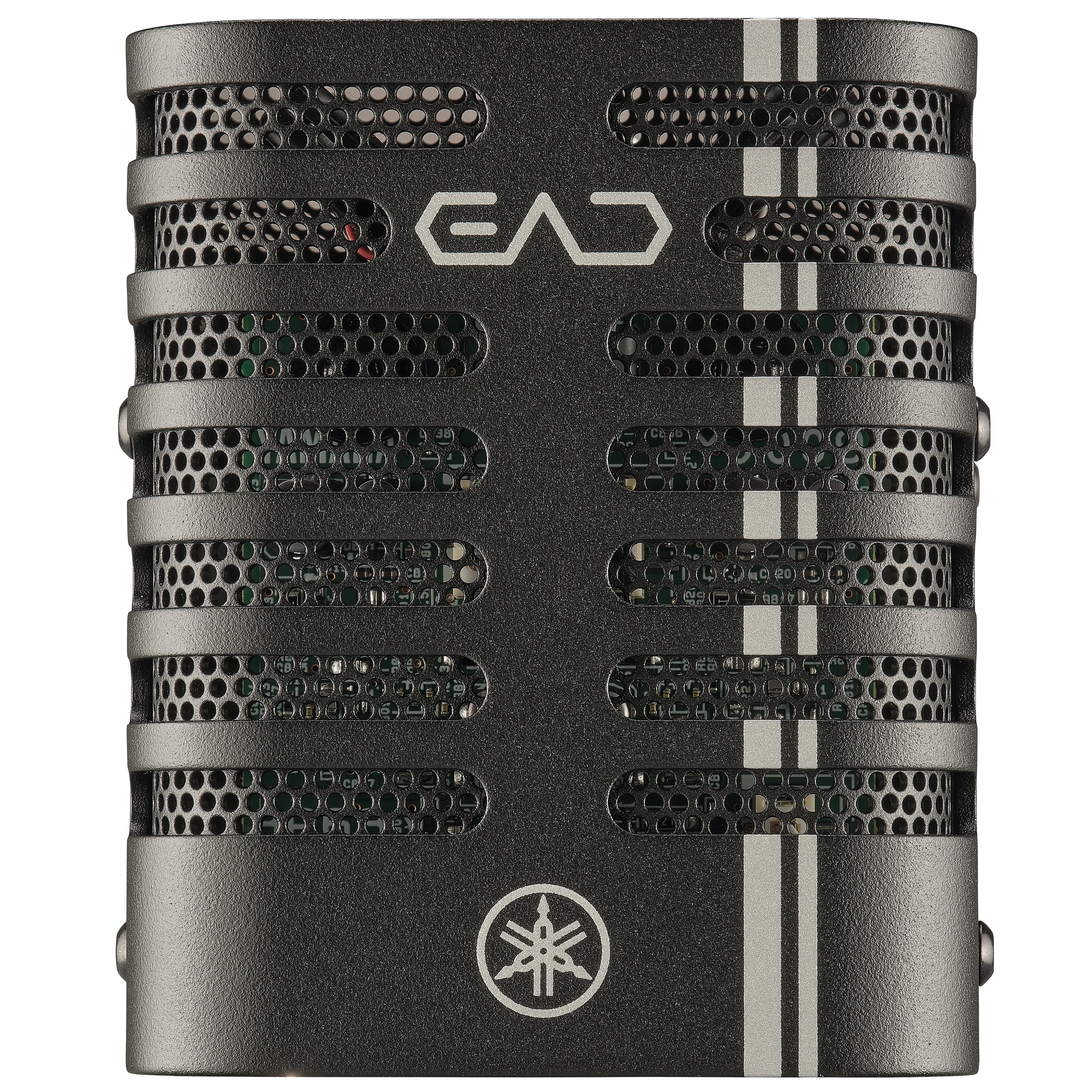 A Yamaha EAD wireless microphone with a textured dark gray finish, featuring multiple horizontal perforated grilles, white vertical accent stripes, the EAD logo at the top, and the Yamaha logo at the bottom, set against a plain white background.