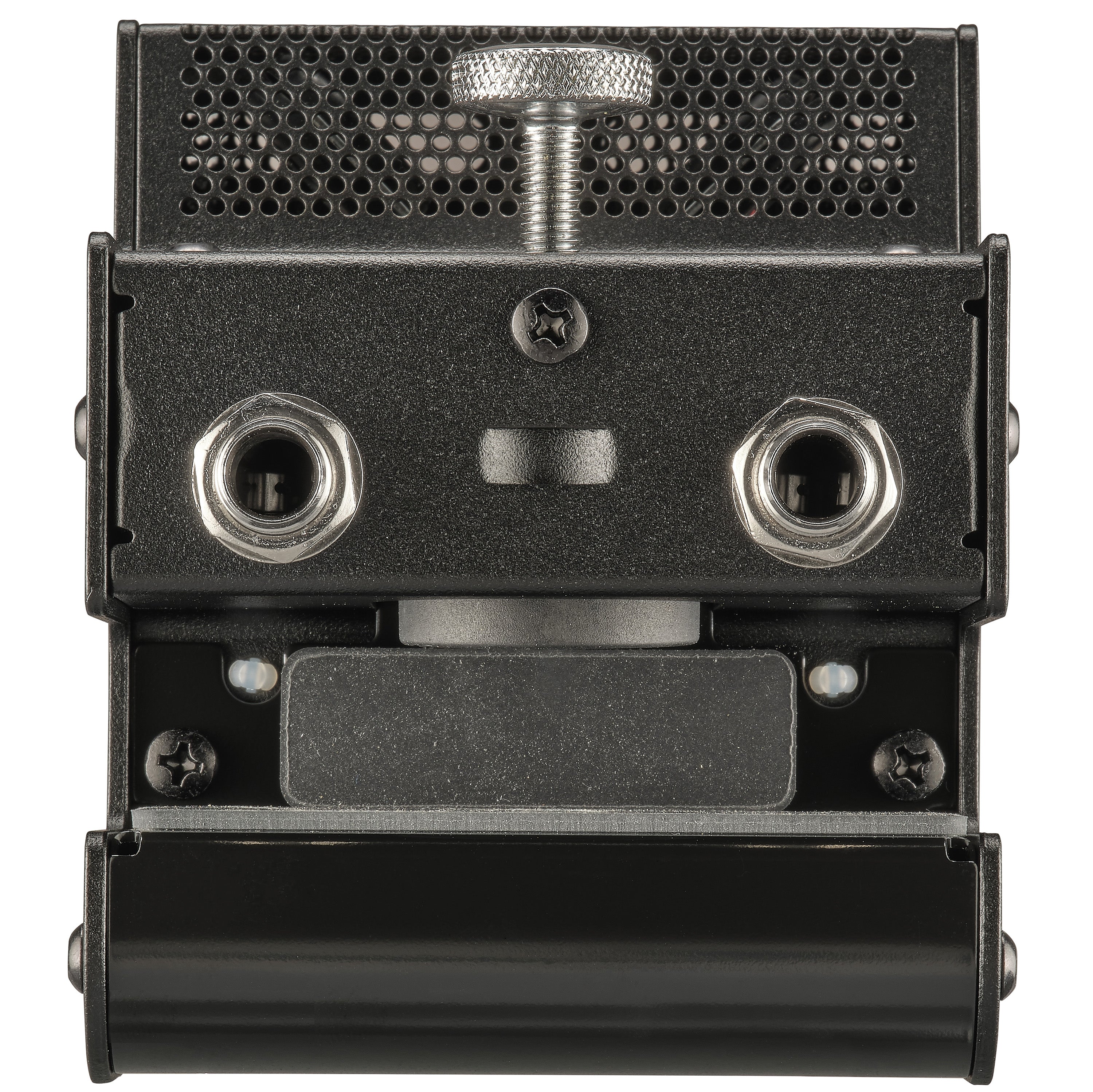 A Yamaha EAD wireless microphone with a textured dark gray finish, black metal mounting bracket with a threaded adjustment screw, two 1/4" jacks, shown on a white background.