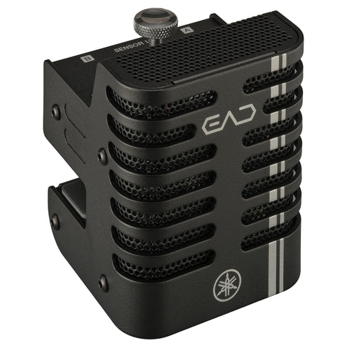 A black Yamaha EAD20 sensor unit with silver accents, including the Yamaha logo and decorative stripes, on a solid white background.