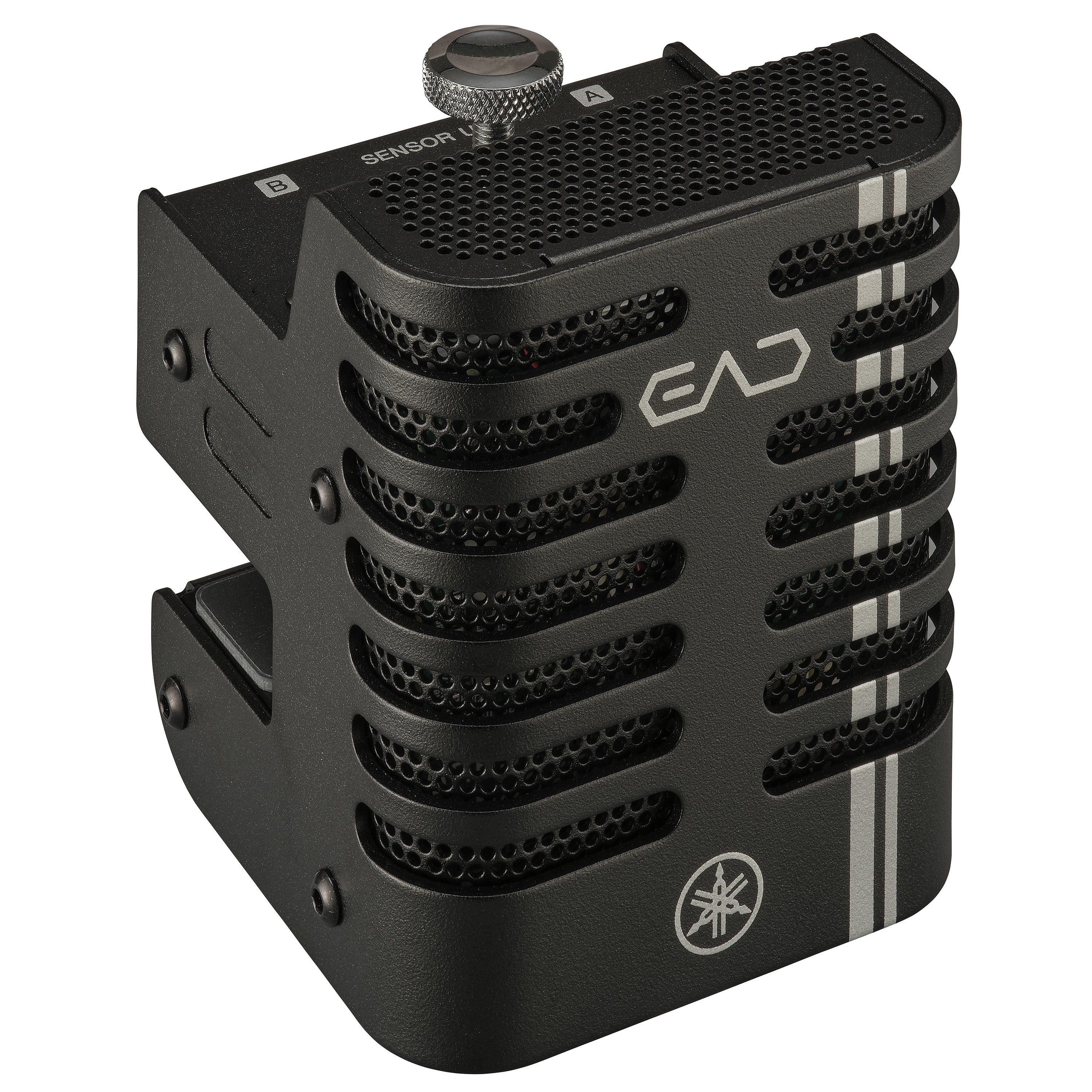 A black Yamaha EAD20 sensor unit with silver accents, including the Yamaha logo and decorative stripes, on a solid white background.