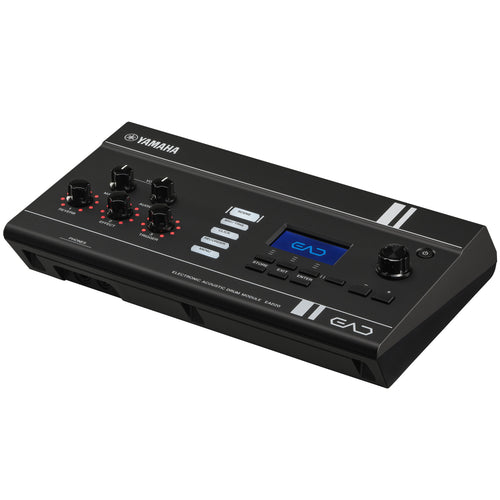 Yamaha EAD20 electronic audio drum module in black, featuring multiple rotary knobs, buttons, a small blue backlit LCD screen, and white branding on a clean white background.