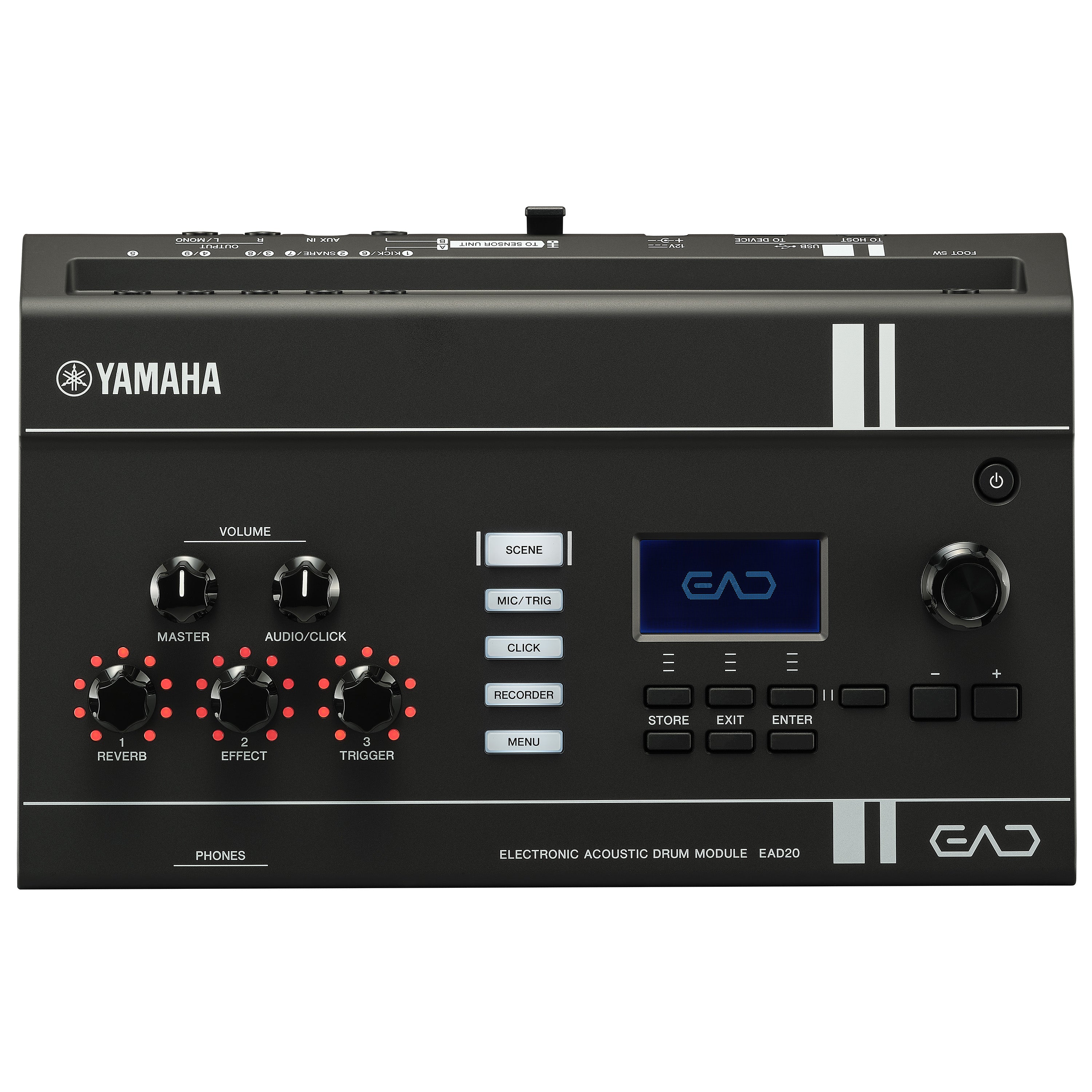 Yamaha EAD20 Electronic Acoustic Drum Module in black, featuring multiple control knobs, red LED indicator lights, a central blue-backlit display screen, and white branding on a clean white background. Top down perspective.