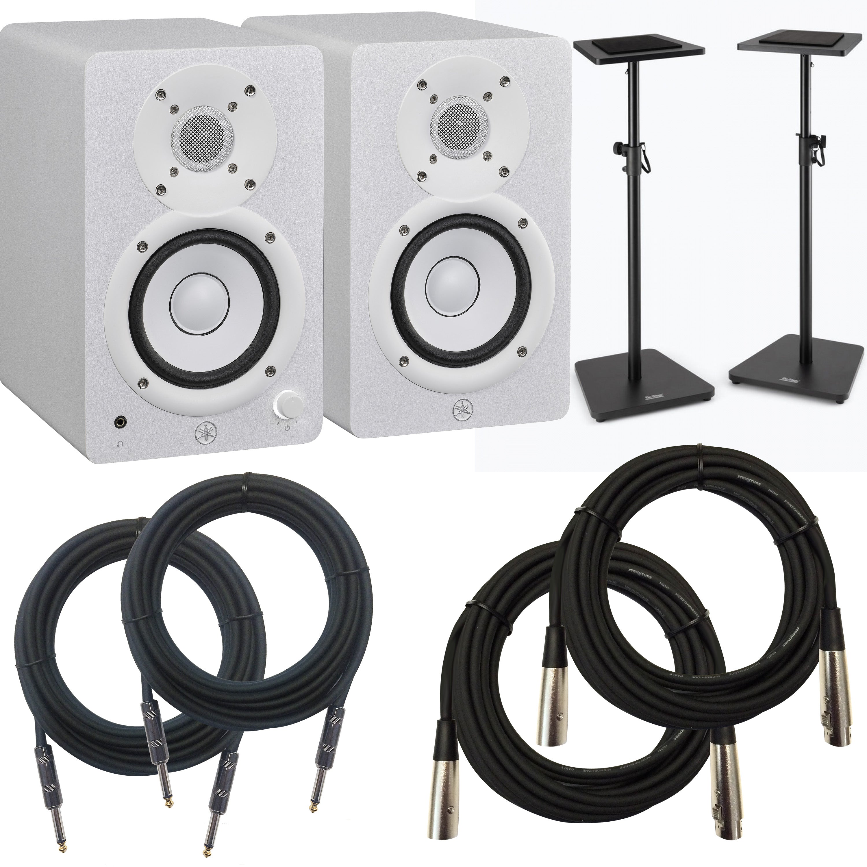 Collage image of the Yamaha HS4W 4.5" Powered Studio Monitors (Pair) - White STUDIO ESSENTIALS BUNDLE