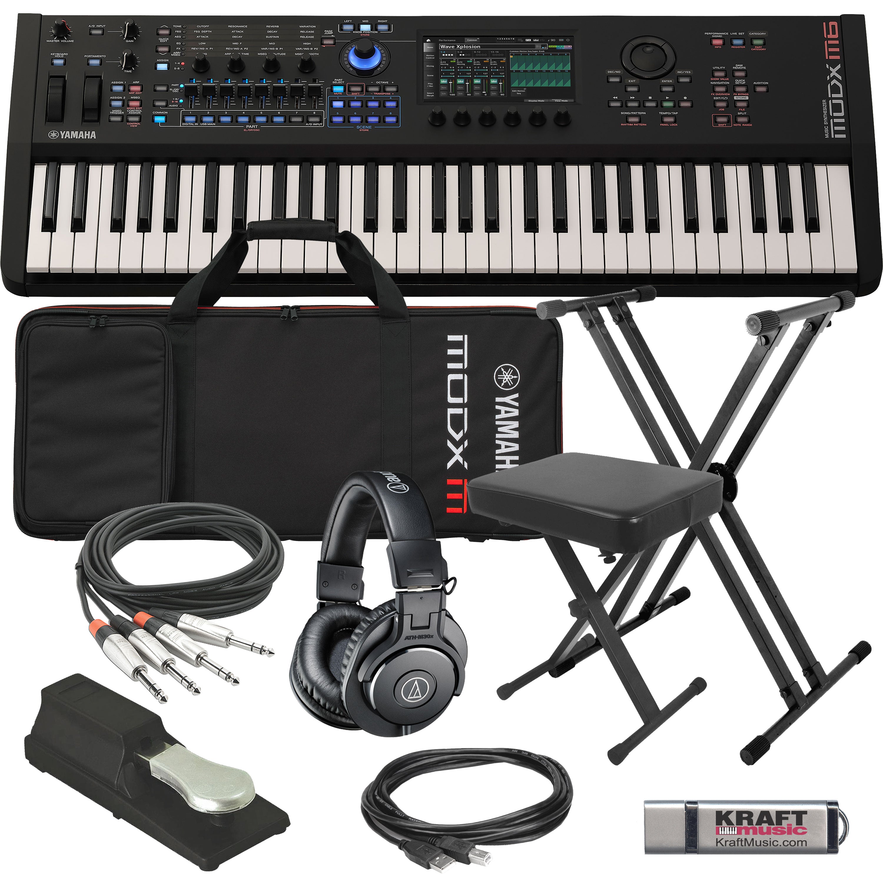 Collage showing components in Yamaha MODX M6 61-Key Music Synthesizer KEY ESSENTIALS BUNDLE