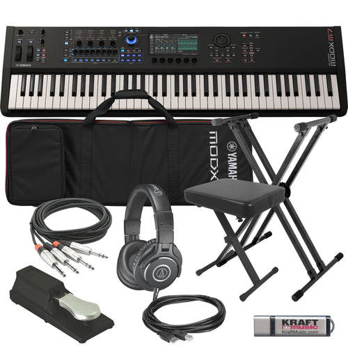 Collage showing comoponents in Yamaha MODX M7 76-Key Music Synthesizer KEY ESSENTIALS BUNDLE