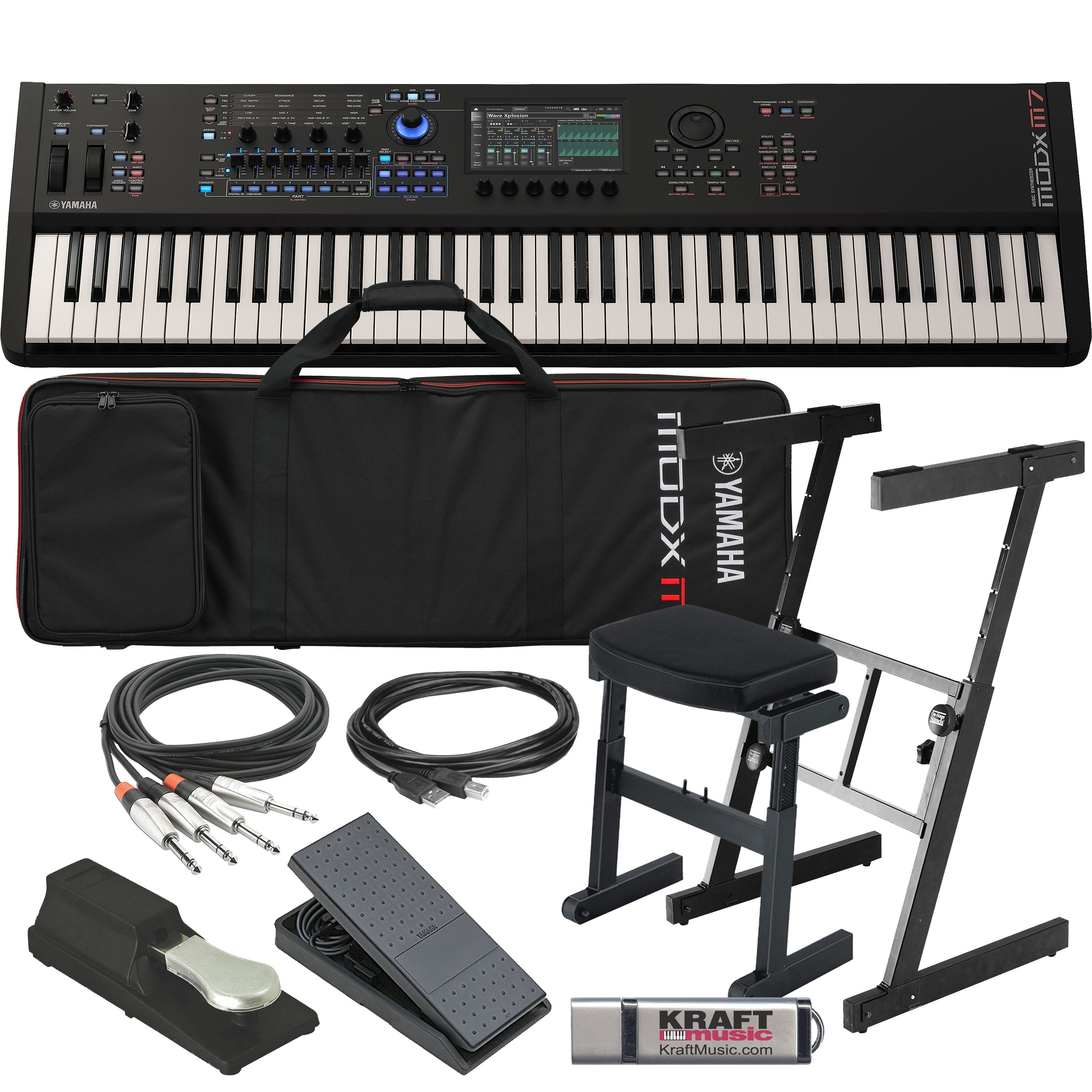 Collage showing components in Yamaha MODX M7 76-Key Music Synthesizer STAGE RIG