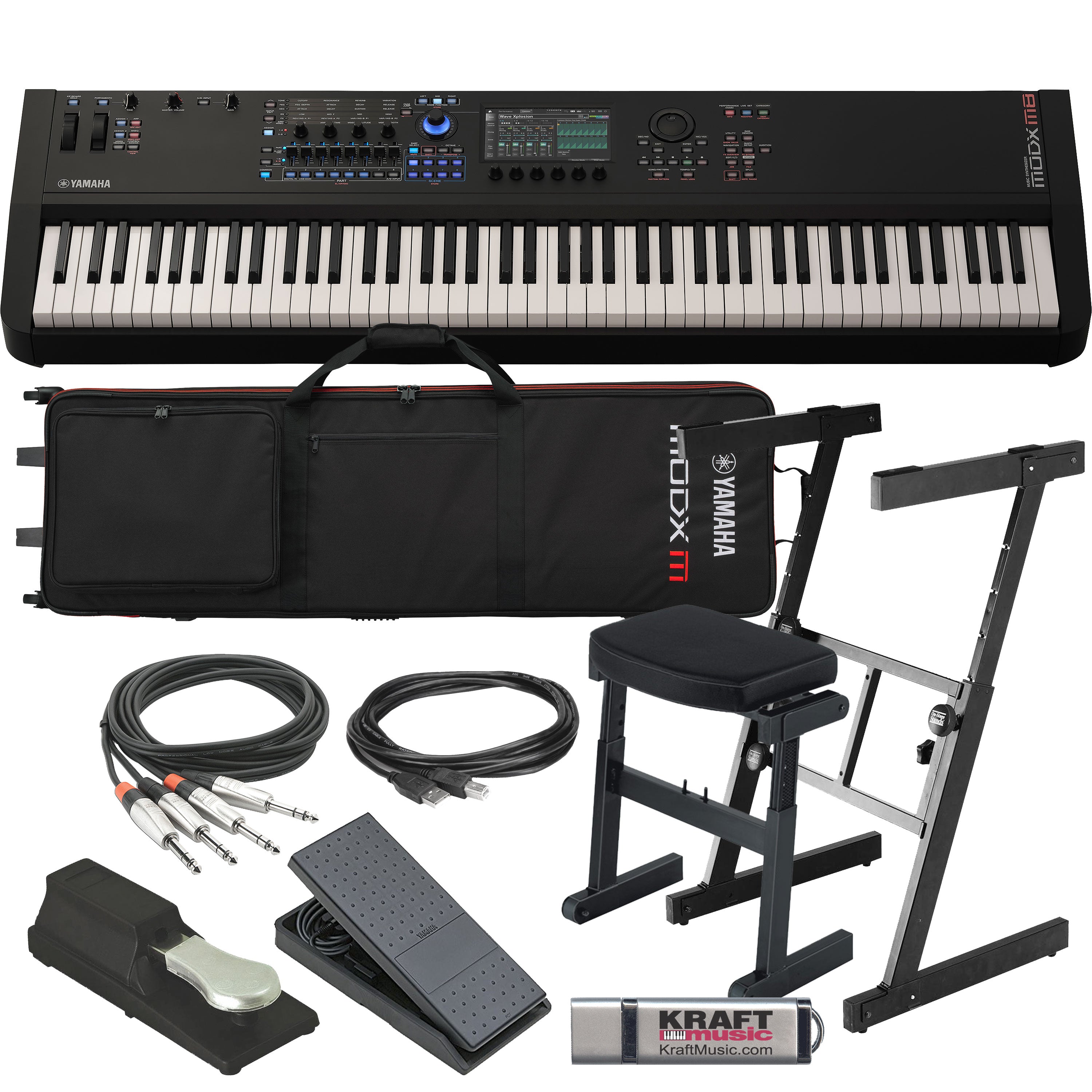 Collage showing components in Yamaha MODX M8 88-Key Music Synthesizer STAGE RIG