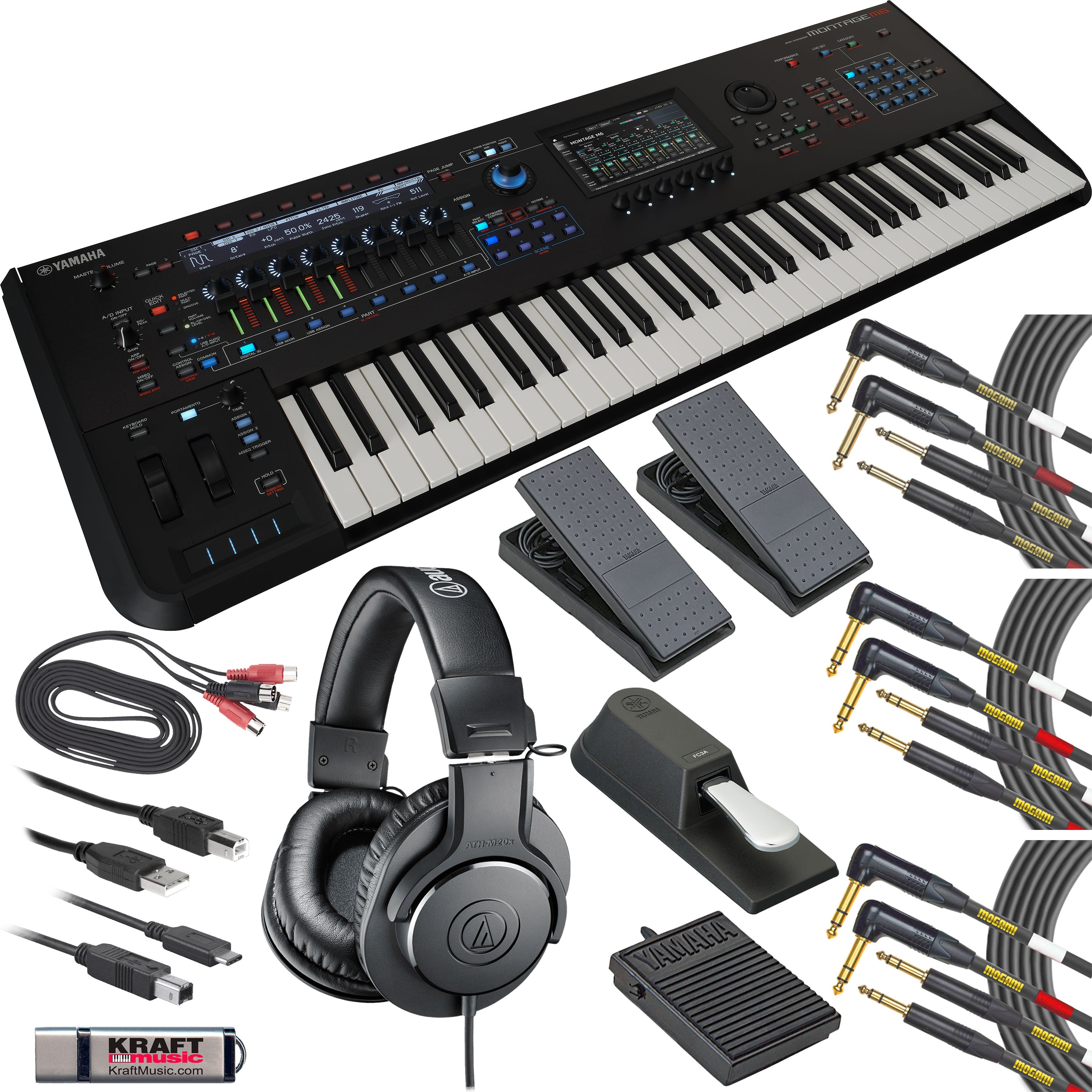 Collage showing components in Yamaha Montage M6 Synthesizer STUDIO KIT