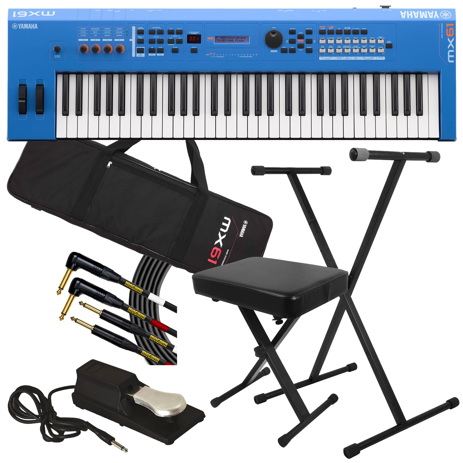 Yamaha MX61 Music Synthesizer - Blue STAGE ESSENTIALS BUNDLE