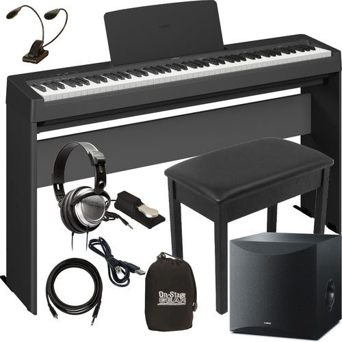 Collage image of the Yamaha P-143 Digital Piano - Black COMPLETE HOME PLUS BUNDLE