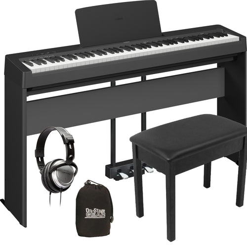 Collage image of the Yamaha P-143 Digital Piano - Black COMPLETE HOME BUNDLE