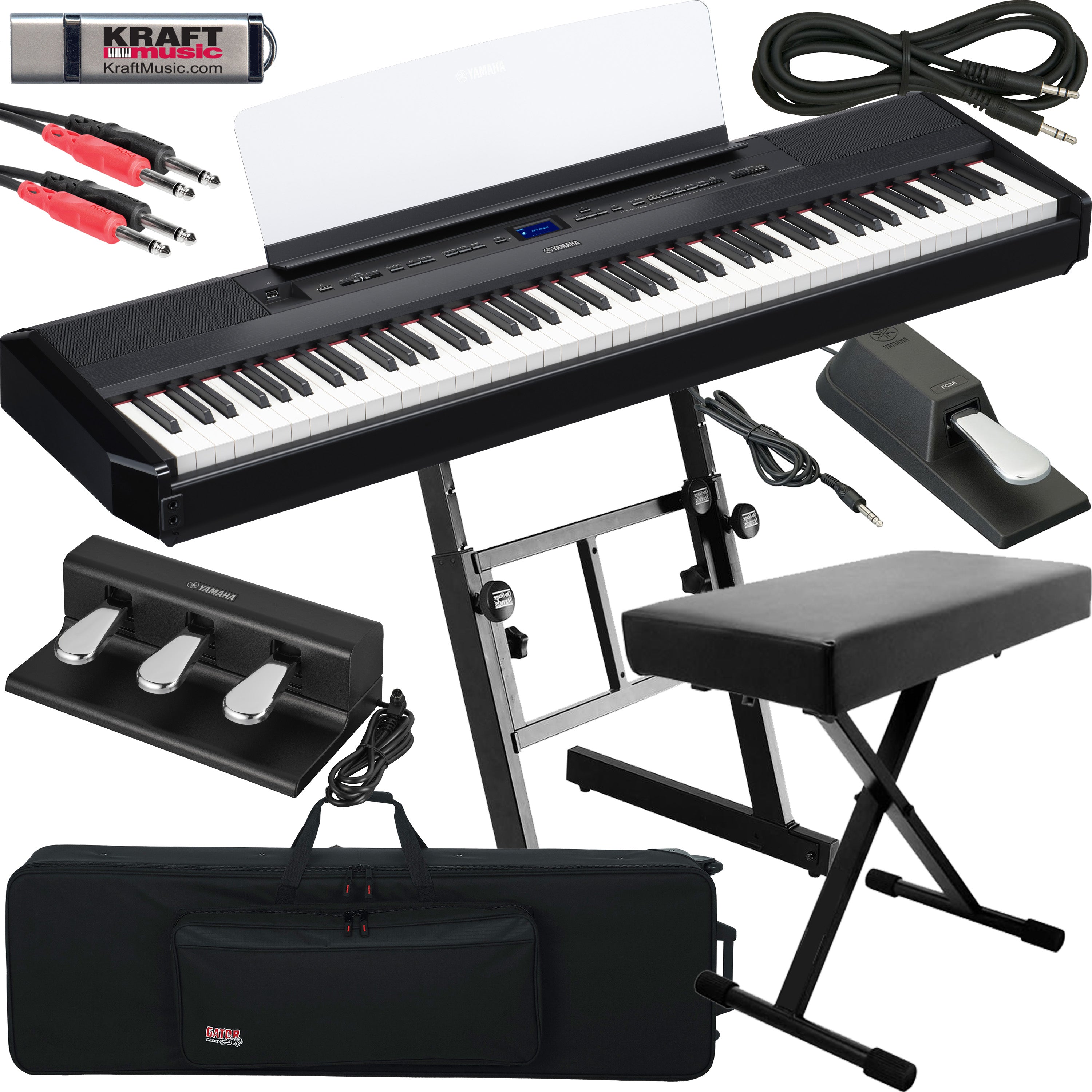 Collage image of the Yamaha P-525 Digital Piano - Black STAGE ESSENTIALS BUNDLE