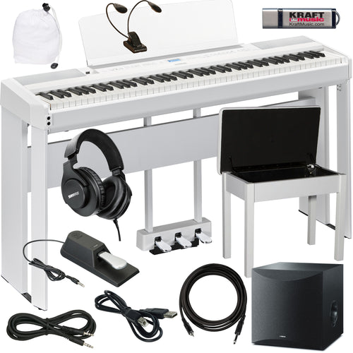 Collage image of the Yamaha P-525 Digital Piano - White COMPLETE HOME BUNDLE PLUS