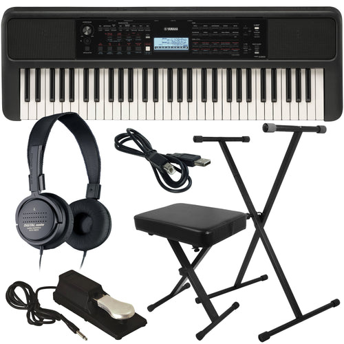 Collage of the Yamaha PSRE383 Portable Keyboard with Power Adapter COMPLETE HOME BUNDLE