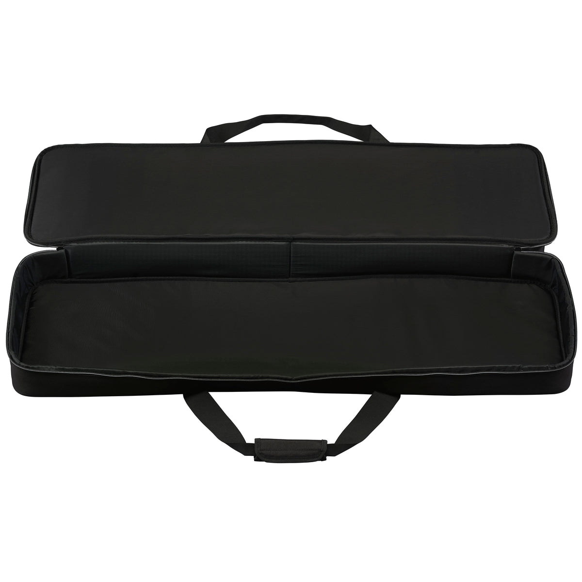 Open, empty case: Yamaha SCDE76 soft case unzipped and open, showing the padded black interior lining and carry handles